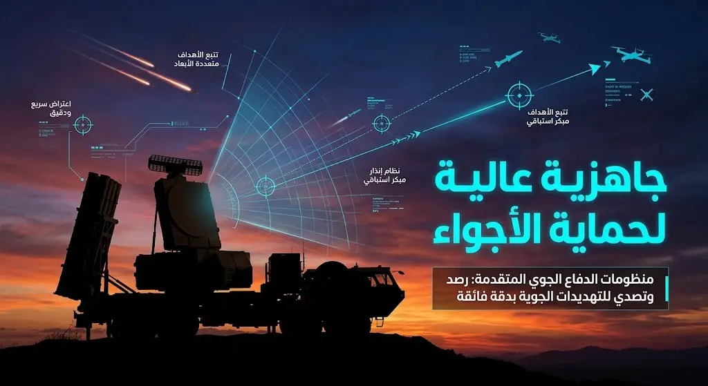 تصميم بصري يعبر عن الجاهزية العالية للقوات المسلحة وأنظمة الدفاع الجوي في اعتراض التهديدات وتأمين المجال الجوي.
