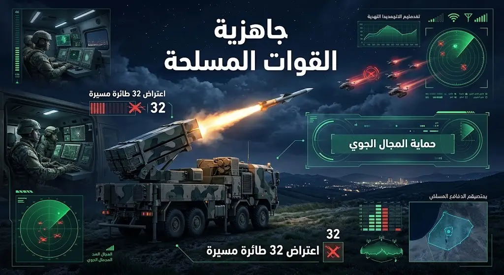 تصميم بصري يستعرض جاهزية منظومات الدفاع الجوي الكويتي وقدرتها على اعتراض عشرات الطائرات المسيرة المعادية.