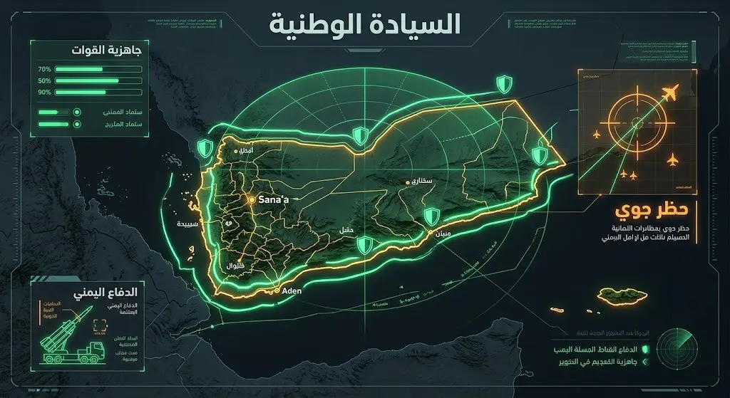 تصميم بصري وراداري يبرز جاهزية القوات المسلحة اليمنية وتأمينها للمجال الجوي وحماية السيادة الوطنية.