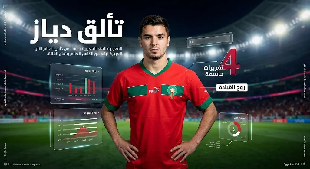 تصميم بصري رياضي يبرز اللاعب براهيم دياز بقميص المنتخب المغربي مع إحصائياته التي تتضمن 4 تمريرات حاسمة في كأس العالم 2026.