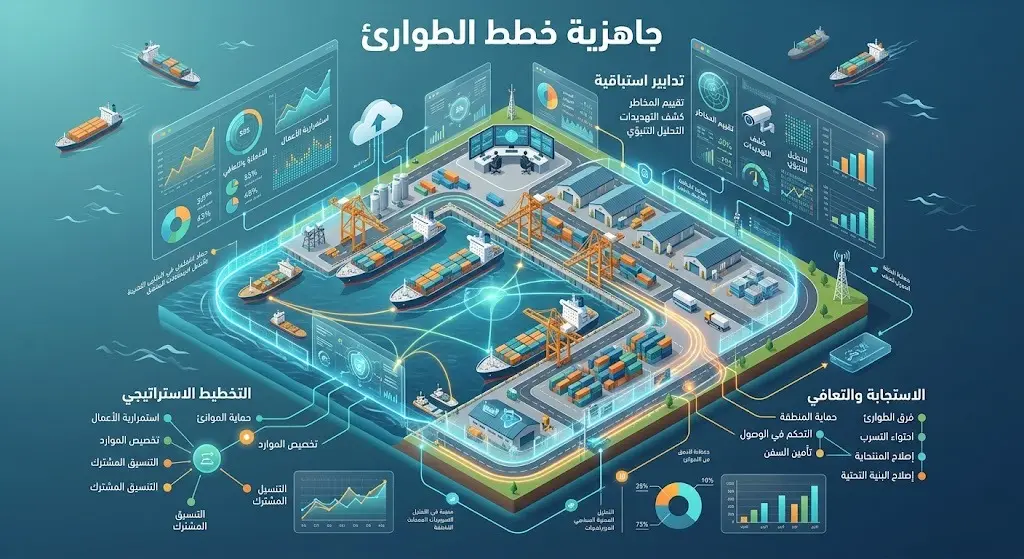إنفوجرافيك يبرز الاستعدادات الاستباقية وخطط الطوارئ المفعلة لضمان أمن المنشآت الحيوية في العقبة.