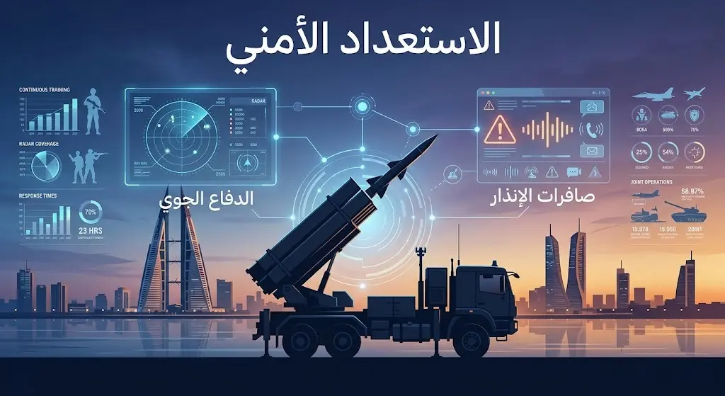 تصميم يعبر عن منظومة الدفاع الجوي المتطورة التي تحمي سماء البحرين، مع نصوص توضيحية للجاهزية الأمنية والاستعداد التام.
