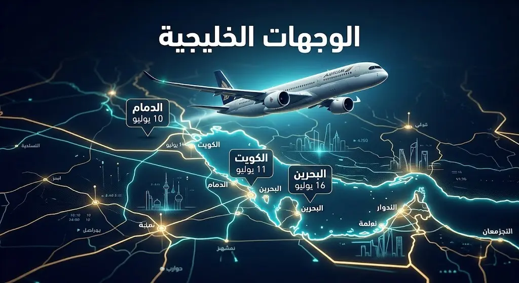تصميم مرئي يعرض خريطة الوجهات الخليجية مع تواريخ استئناف الرحلات إلى الدمام والكويت والبحرين.