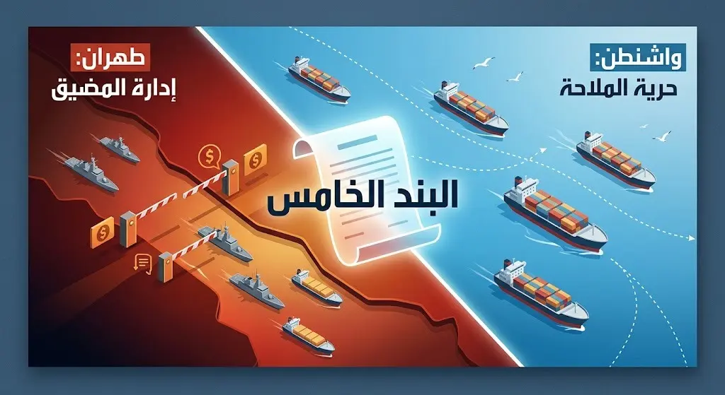 تصميم بصري يقارن بين حرية الملاحة التي تطالب بها واشنطن ومساعي إيران للتحكم في مضيق هرمز