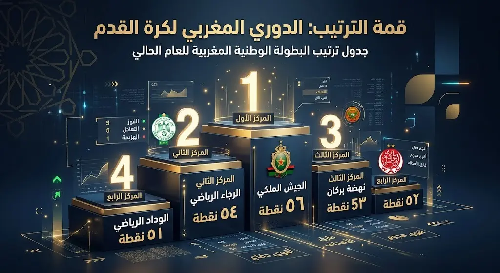 إنفوجرافيك رياضي يوضح ترتيب الأندية الأربعة الأولى في الدوري المغربي، حيث يتصدر المغرب الفاسي برصيد 56 نقطة، يليه نهضة بركان والجيش الملكي والرجاء البيضاوي.