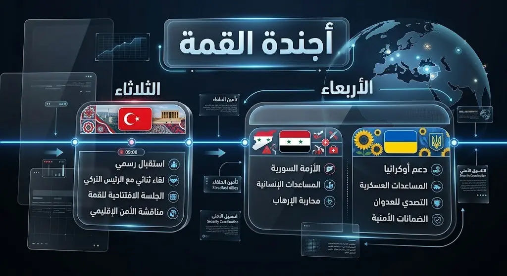 إنفوجرافيك يستعرض جدول اللقاءات الثنائية للرئيس الأمريكي في أنقرة مع رؤساء تركيا وسوريا وأوكرانيا.