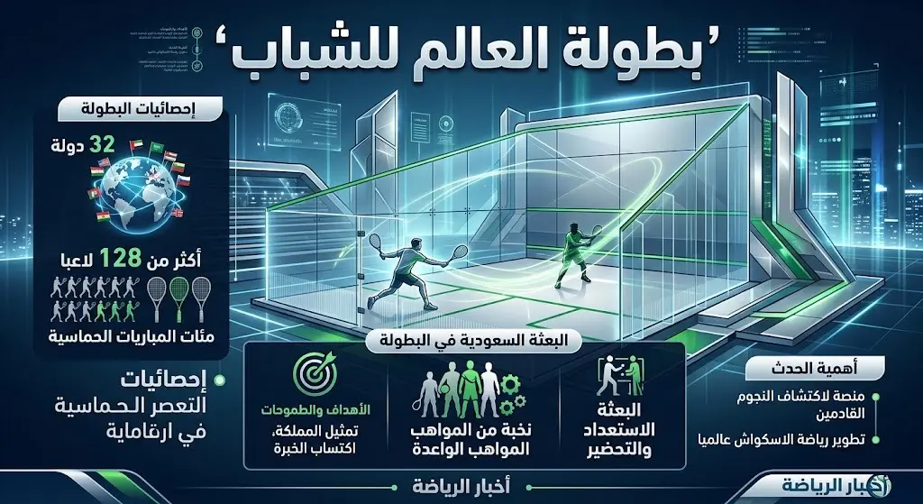 إنفوجرافيك يستعرض أرقام بطولة العالم للاسكواش للشباب بكندا، مبرزاً مشاركة 128 لاعباً من 32 دولة وتفاصيل الهيكل الإشرافي للبعثة السعودية.
