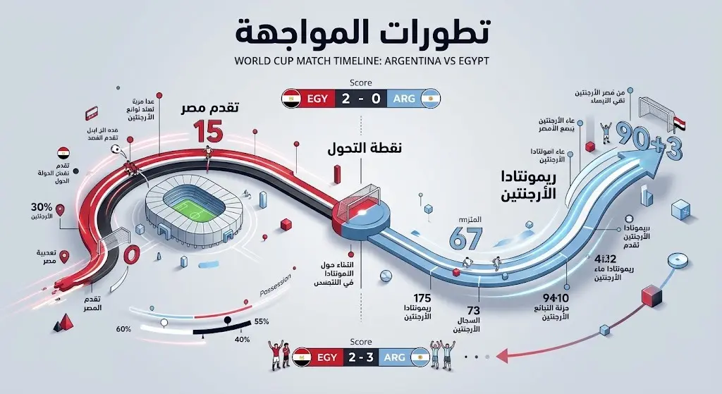 إنفوجرافيك يوضح التسلسل الزمني وتطورات مباراة الأرجنتين ومصر فنياً ونفسياً وتفاصيل الأهداف