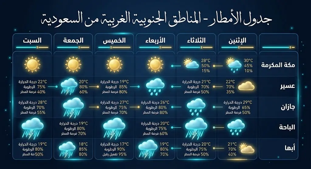 إنفوجرافيك يوضح الجدول الزمني للحالة المطرية وتدرج شدة الأمطار على المرتفعات الجنوبية الغربية من الإثنين إلى السبت.