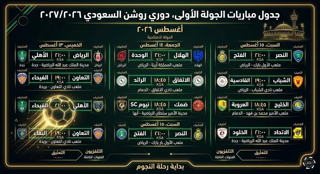 إنفوجرافيك يستعرض جدول مباريات الجولة الأولى من دوري روشن السعودي لموسم 2026/2027 متضمناً مواعيد وملاعب المواجهات.