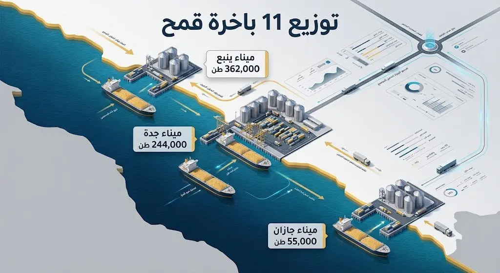 إنفوجرافيك يوضح توزيع 11 باخرة محملة بالقمح على موانئ ينبع وجدة وجازان بكمياتها المخصصة.