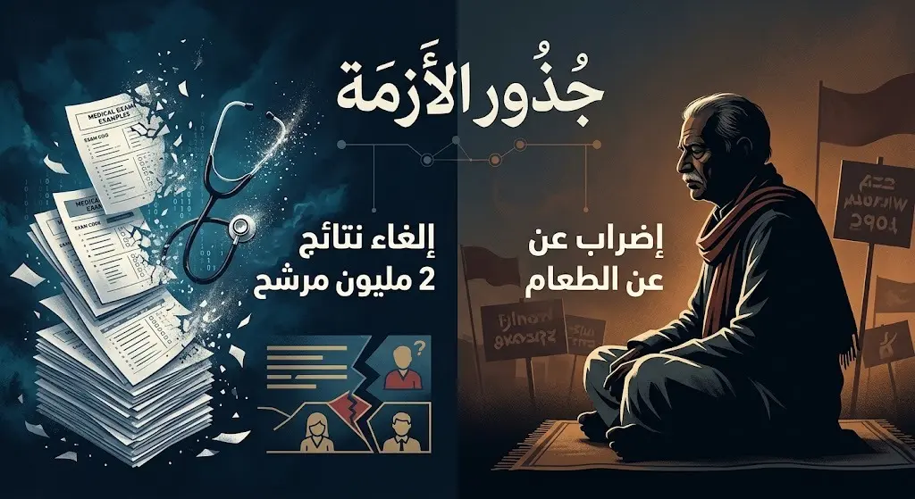 صورة تعبيرية تدمج بين أوراق امتحانات طبية ممزقة وناشط مضرب عن الطعام للتعبير عن جذور أزمة التعليم في الهند.