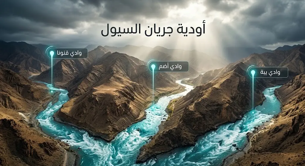 تصميم بصري يبرز مسارات جريان السيول في الأودية الرئيسية