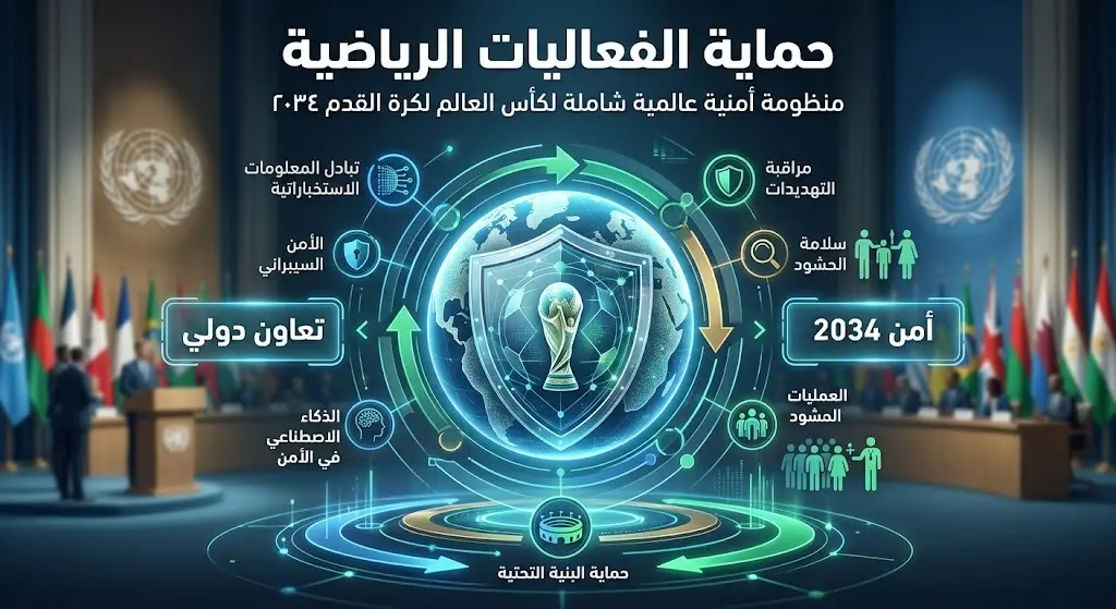 تصميم تعبيري يجسد الدور القيادي للسعودية في الأمم المتحدة لحماية الفعاليات الرياضية الكبرى عبر درع أمني يحيط بمجسم للكرة الأرضية.