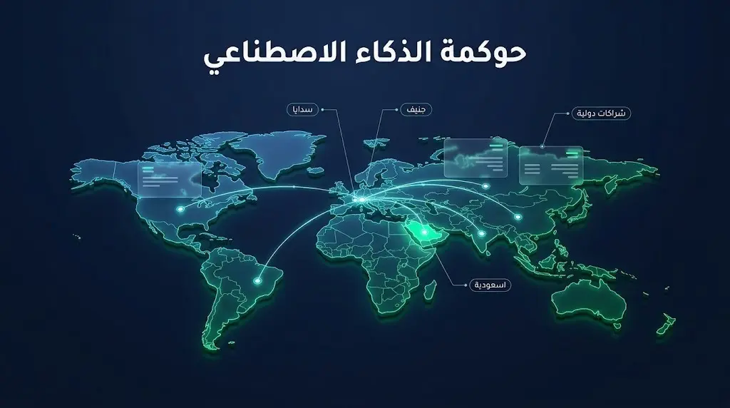 إنفوجرافيك يوضح الشراكات الدولية بين سدايا والجهات العالمية في جنيف لبحث حوكمة الذكاء الاصطناعي.