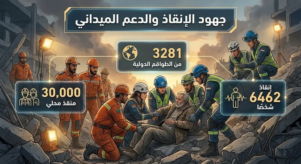 تصميم بصري يدمج مشهداً لفرق الإنقاذ الميدانية وهي تنتشل ناجين، مع بيانات إحصائية توضح أعداد المنقذين المحليين والدوليين.