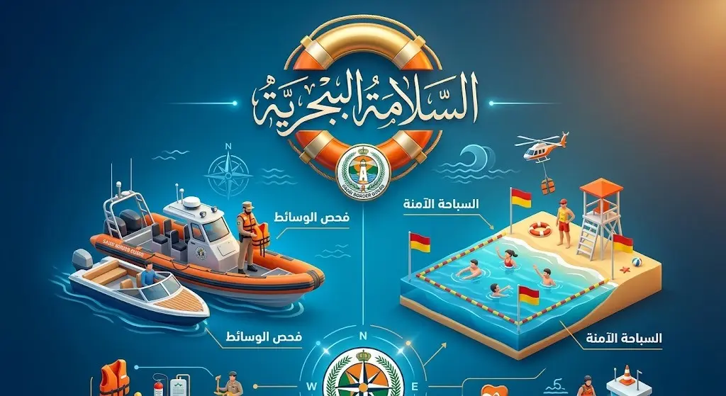 تصميم إنفوجرافيك يوضح تعليمات السلامة البحرية وأنظمة ارتياد الشواطئ لحرس الحدود السعودي مع رموز للبحث والإنقاذ.