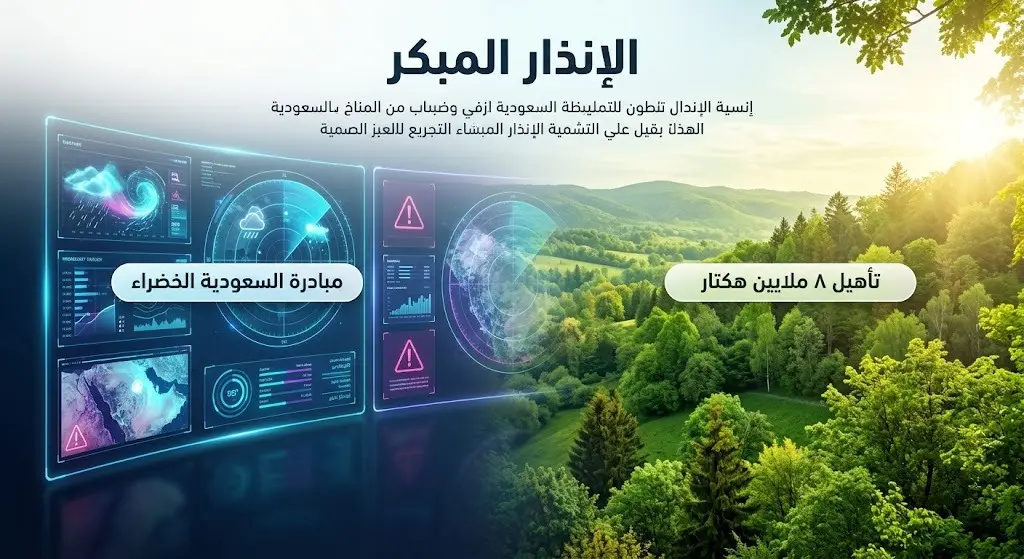تصميم يدمج بين شاشات الرصد والإنذار المبكر المتقدمة والمساحات الخضراء الشاسعة، في إشارة لجهود مكافحة التصحر.