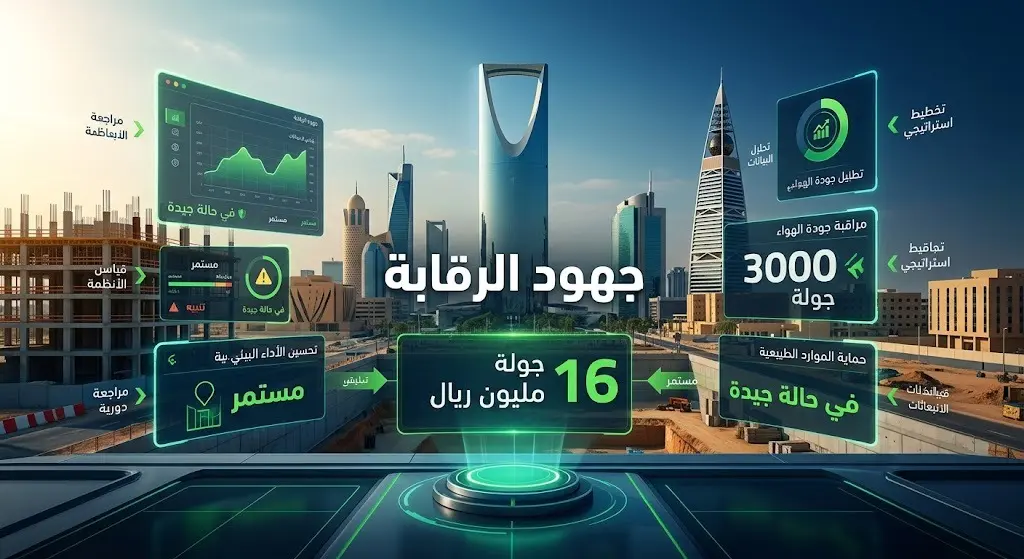 إنفوجرافيك احترافي يوضح جهود الرقابة البيئية في مدينة الرياض وتفاصيل الجولات التفتيشية والغرامات لضبط جودة الهواء.