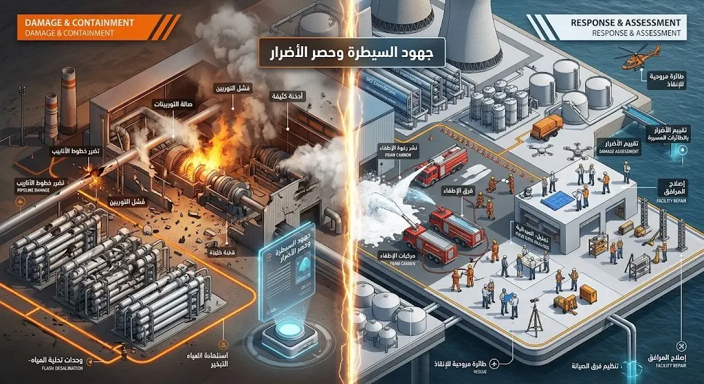 تصميم إبداعي يوضح جهود فرق الإطفاء والطوارئ في السيطرة على حرائق محطات الطاقة والمياه وتقييم أضرارها.