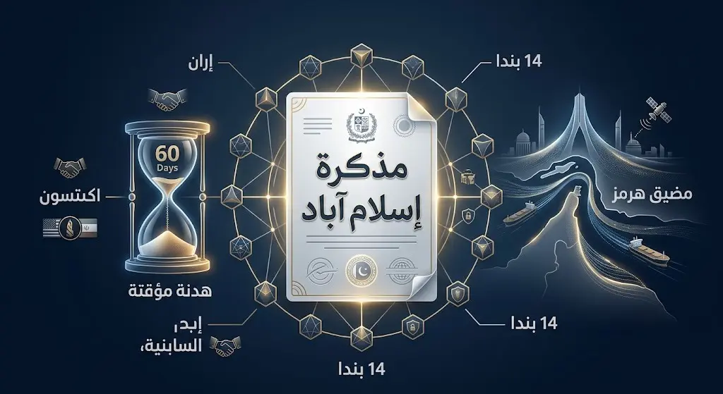 إنفوجرافيك يسلط الضوء على بنود مذكرة تفاهم إسلام آباد وجهود الوساطة الباكستانية بين أمريكا وإيران وتأمين مضيق هرمز.