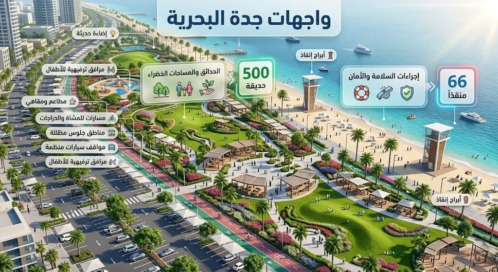 تصميم إنفوجرافيك ثلاثي الأبعاد يعرض تفاصيل تطوير الواجهات البحرية بجدة، متضمناً مسارات المشاة، الدراجات، والمساحات الخضراء، مع إحصائيات وأرقام لجهود التهيئة.