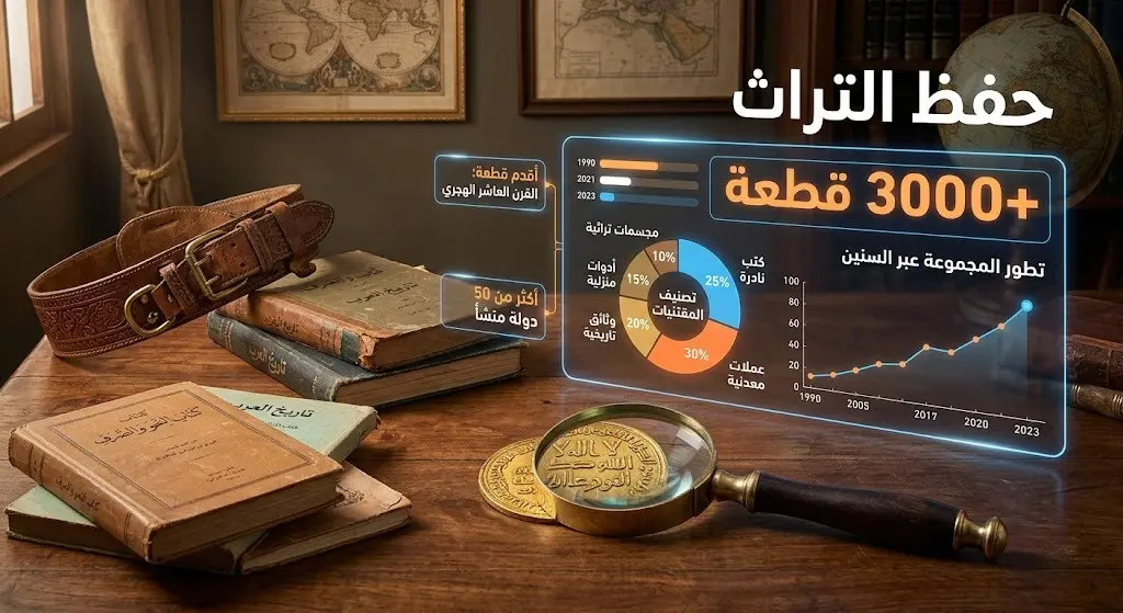 تصميم مدمج يجمع بين المقتنيات التراثية كالكتب والأدوات القديمة مع واجهة بيانات عصرية تبرز حجم مجموعة المتحف التي تتجاوز 3000 قطعة.