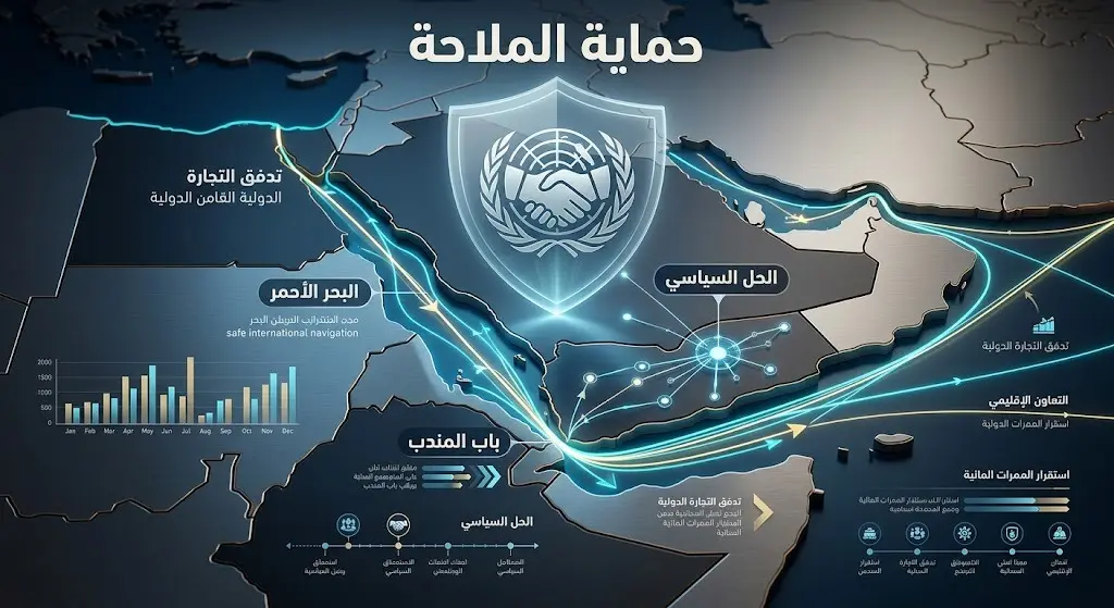 تصميم إنفوجرافيك إبداعي يوضح تأمين حركة الملاحة في البحر الأحمر ومضيق باب المندب، مدعوماً برموز تشير للجهود الدبلوماسية نحو الحل السياسي.