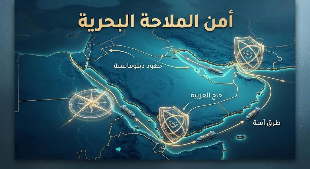 تصميم بصري تعبيري يدمج الرموز الدبلوماسية مع الممرات البحرية المضاءة للدلالة على أمن الملاحة وخفض التصعيد.