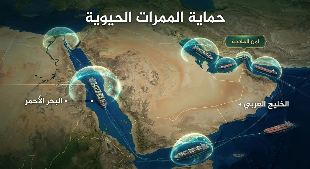 تصميم بياني يوضح خريطة الممرات المائية الحيوية كالبحر الأحمر والخليج العربي مع رموز تعبيرية للدرع الأمني وحماية الملاحة