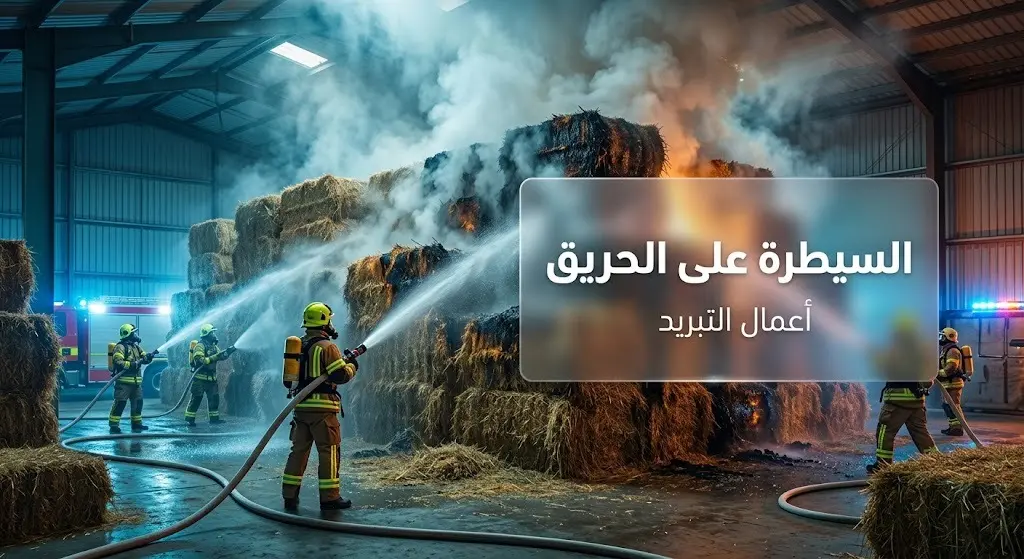 صورة تعبيرية تظهر جهود رجال الدفاع المدني في تبريد مستودعات الأعلاف بعد إخماد الحريق بنجاح بالمدينة المنورة.