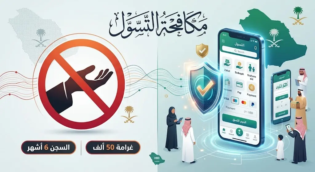 تصميم إنفوجرافيك تعبيري يبرز جهود مكافحة التسول وتوجيه التبرعات للمنصات الرسمية مع توضيح عقوبات السجن والغرامة المترتبة على المخالفين.