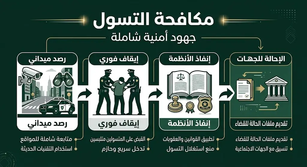 إنفوجرافيك يوضح استراتيجية الجهات الأمنية والخطوات الميدانية لمكافحة ظاهرة التسول وضبط المخالفين.