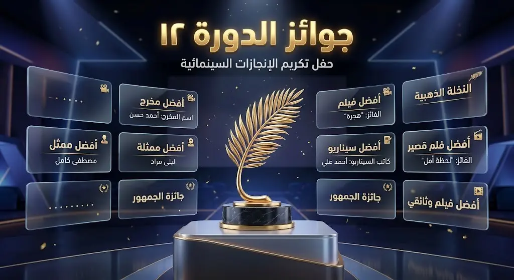 إنفوجرافيك سينمائي أنيق يستعرض جوائز المسابقات الرسمية لمهرجان أفلام السعودية، يتوسطه مجسم النخلة الذهبية مع أبرز الفئات والأفلام الفائزة.