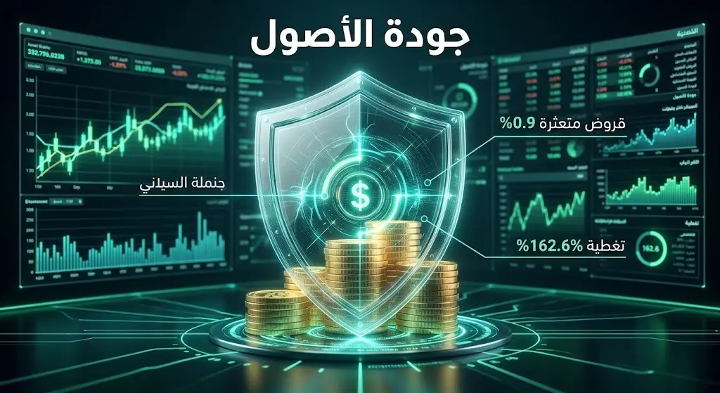 تصميم بصري حديث يجسد متانة جودة الأصول والمخصصات المالية من خلال درع رقمي يحمي أصولاً مالية مع لوحة بيانات تعرض نسب التغطية.