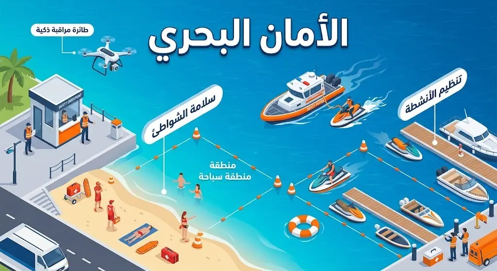رسم إيضاحي يبرز الواجهات البحرية الآمنة وأهداف الجولات الرقابية لتنظيم الأنشطة