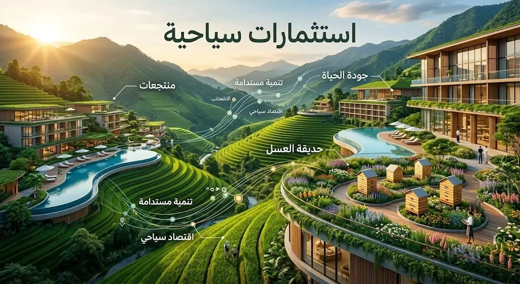 تصميم إبداعي يدمج بين طبيعة الباحة الجبلية الخلابة والمشاريع السياحية والفندقية الحديثة.