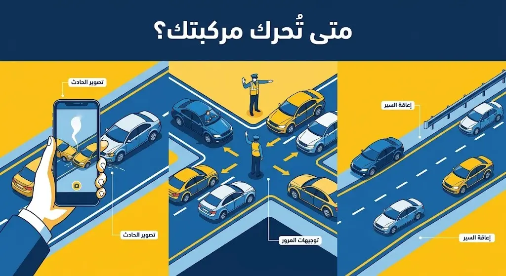إنفوجرافيك يوضح الحالات المسموح فيها بتحريك المركبات بعد الحوادث مثل توثيق الحادث البسيط أو تجنب إعاقة حركة السير