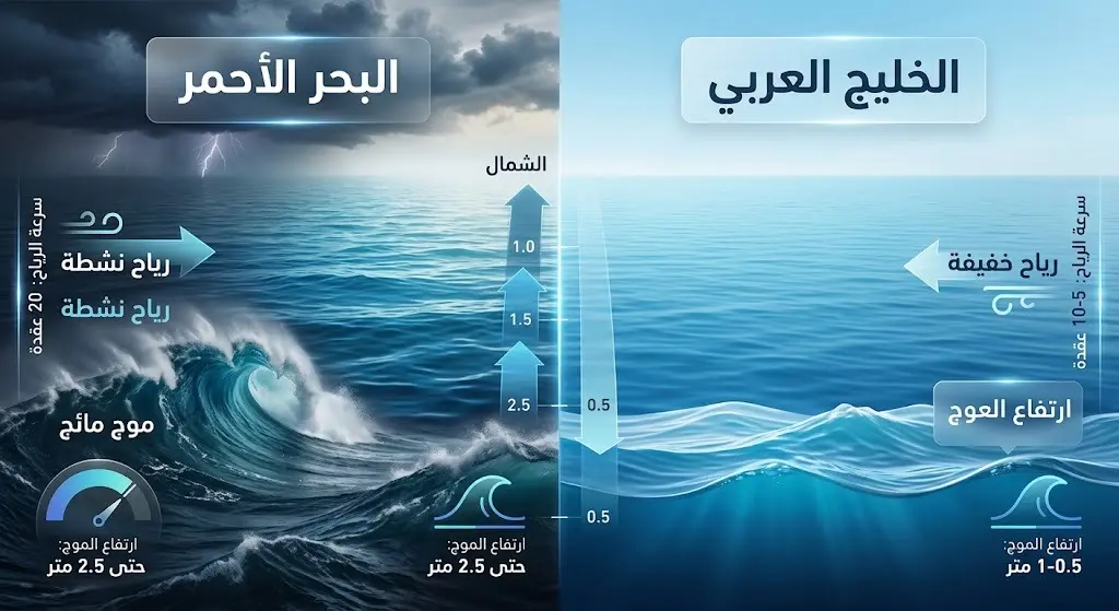 تصميم بياني يقارن بين حالة البحر في البحر الأحمر والخليج العربي، موضحاً سرعة الرياح وارتفاع الأمواج وحالة الطقس المصاحبة.