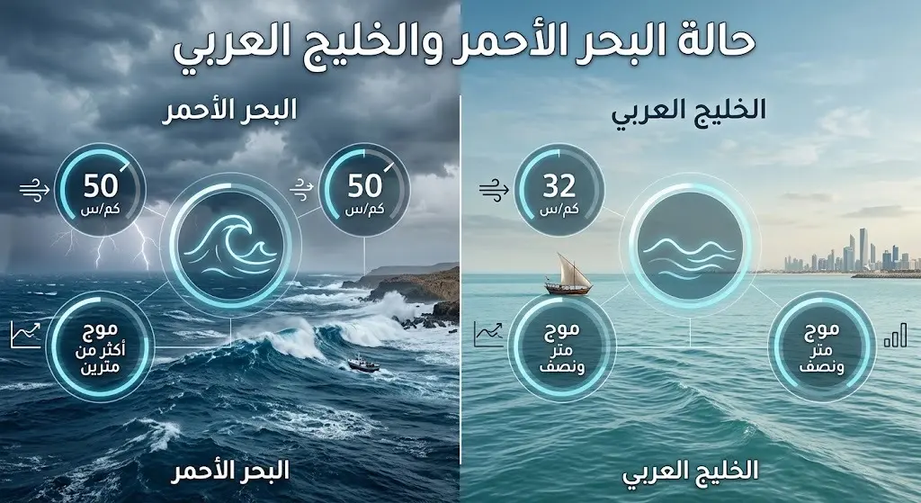 إنفوجرافيك مقارن يستعرض حالة البحر الأحمر والخليج العربي، مبيناً سرعة الرياح وارتفاع الأمواج في كليهما بتصميم بحري عصري متطور.