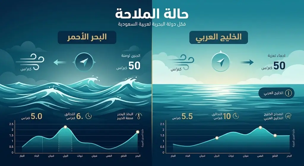 تصميم بياني يعرض حالة الموج وسرعة الرياح وحالة الملاحة في مياه البحر الأحمر والخليج العربي.