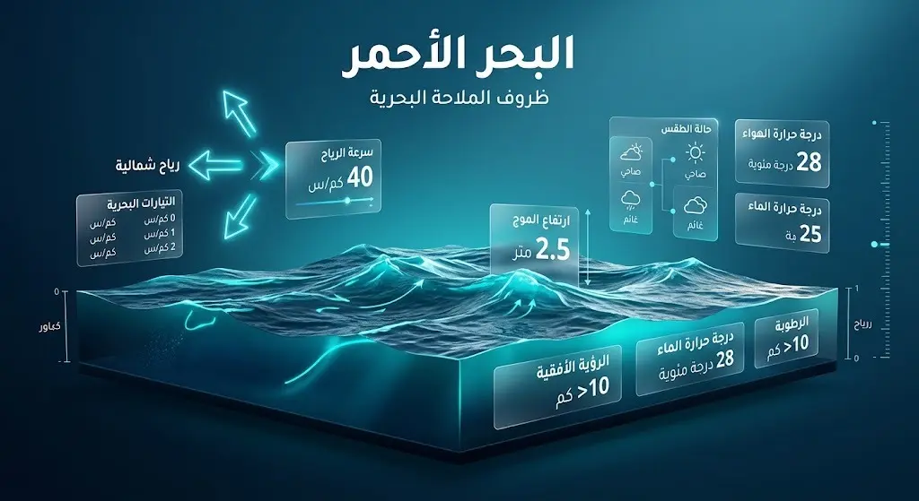 إنفوجرافيك بحري يستعرض تفاصيل حالة الأمواج وسرعة الرياح في البحر الأحمر لتوجيه الملاحة.