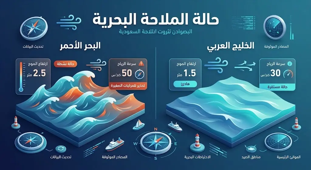 إنفوجرافيك يوضح حالة الملاحة البحرية، مبيناً سرعة الرياح وارتفاع الأمواج في البحر الأحمر والخليج العربي بناءً على تقرير المركز الوطني للأرصاد.