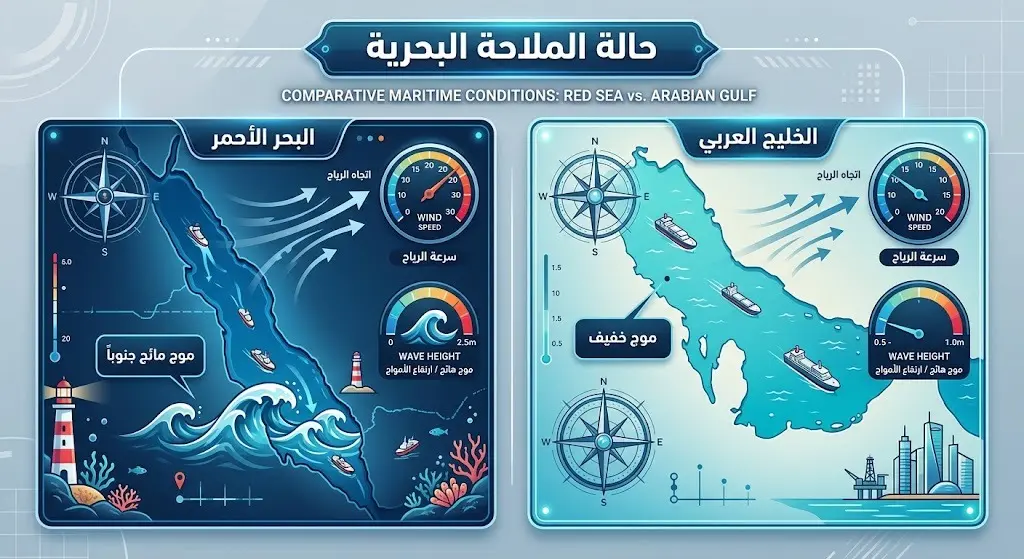 إنفوجرافيك مقارن لحالة الملاحة البحرية يوضح ارتفاع الموج وسرعة الرياح في البحر الأحمر والخليج العربي.