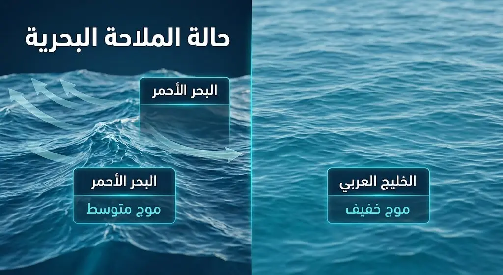 إنفوجرافيك مقارن يستعرض حالة الملاحة البحرية وحركة الموج بين البحر الأحمر والخليج العربي مع توضيح الفروق في الارتفاعات.