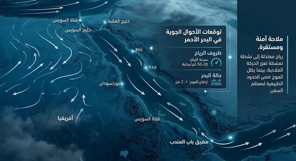 إنفوجرافيك احترافي يوضح حالة الملاحة، سرعة الرياح، وارتفاع الأمواج في البحر الأحمر وخليج العقبة.