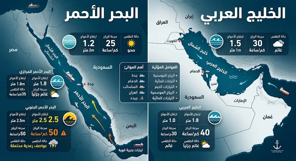 إنفوجرافيك يوضح حالة الملاحة البحرية وارتفاع الأمواج وسرعة الرياح في البحر الأحمر والخليج العربي.