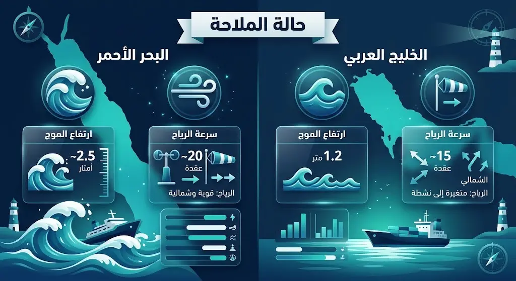 إنفوجرافيك احترافي يستعرض حالة الملاحة البحرية، وسرعة الرياح، وارتفاع الموج في كل من البحر الأحمر والخليج العربي.