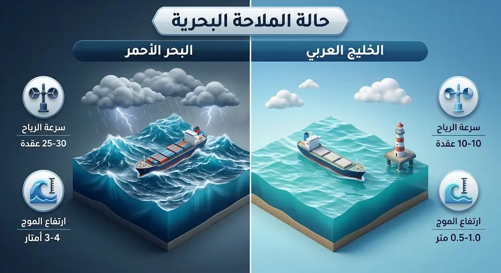 رسم بياني مقارن يستعرض حالة الملاحة البحرية وسرعة الرياح وارتفاع الموج في البحر الأحمر والخليج العربي.