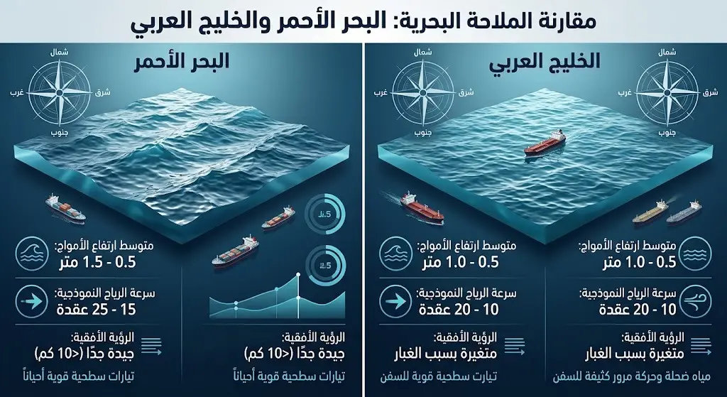 إنفوجرافيك بحري يقارن سرعة الرياح وارتفاع الموج بين البحر الأحمر والخليج العربي.
